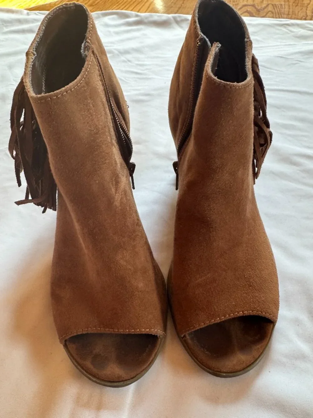Brown Suede Fringe Peep Toe Ankle Booties Size 8.5